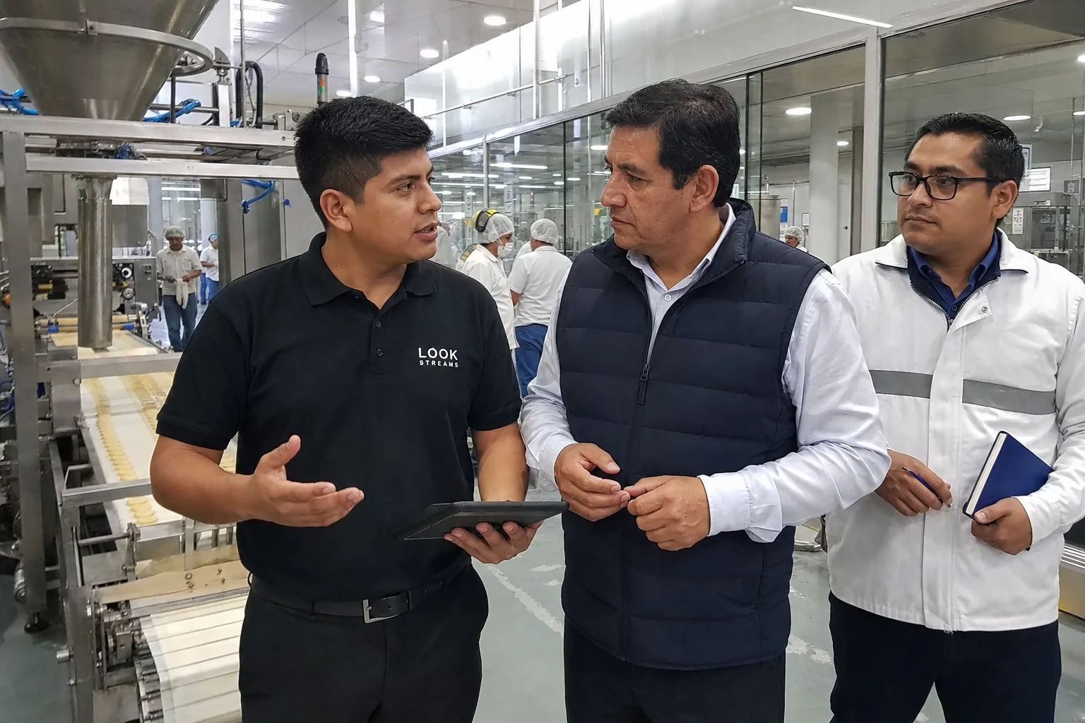 Consultor joven de Look Streams conversa con un gerente y un ingeniero durante un recorrido por una planta de alimentos.