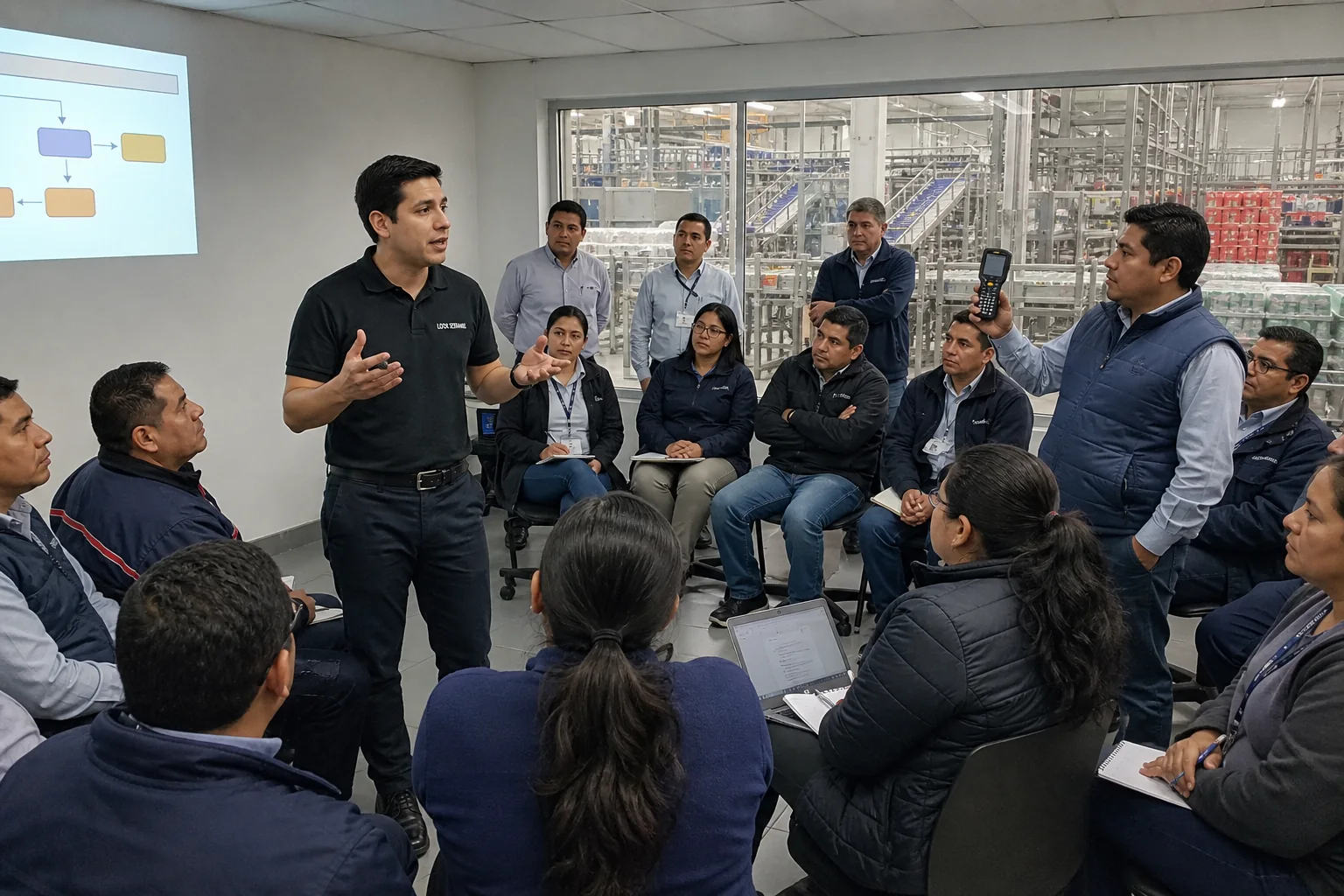 Consultor joven de Look Streams capacita a un equipo amplio de distribución dentro de una planta de bebidas.